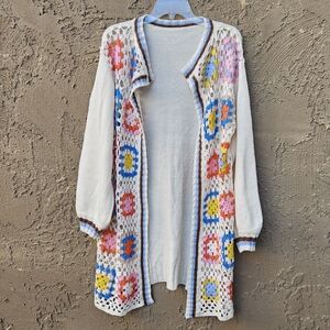 Oversized Beige and Colorful Granny Square Open Front Crochet Cardigan